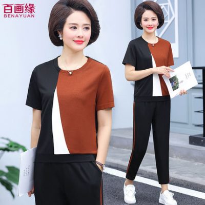 Bộ đầm mùa hè cho mẹ 2019 mới dành cho nữ trung niên mùa hè ngắn tay thời trang thể thao trung niên hai mảnh