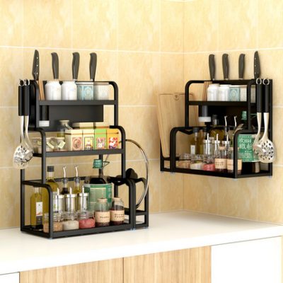 Kệ bếp bằng thép không gỉ màu đen treo tường gia vị hương vị kệ dao dầu tấm giấm muối lưu trữ đồ gia dụng