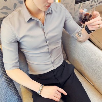 Áo sơ mi nam tay ngắn phiên bản Hàn Quốc xu hướng đẹp trai 7 điểm tay áo 7 điểm dụng cụ nam tay dài thon dài mùa hè