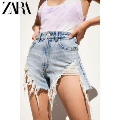 ZARA mới TRF nữ lỗ trang trí quần short denim eo cao 04365005400