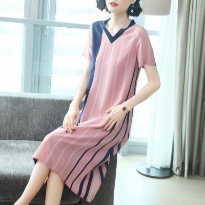 Váy lụa 2019 mùa hè mới của phụ nữ Hàng Châu Phần dài Một từ váy đôi sọc lụa