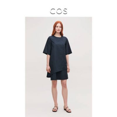 Váy xếp ly nữ cotton ngắn tay màu xanh hải quân 2019 hè mới 0741172003
