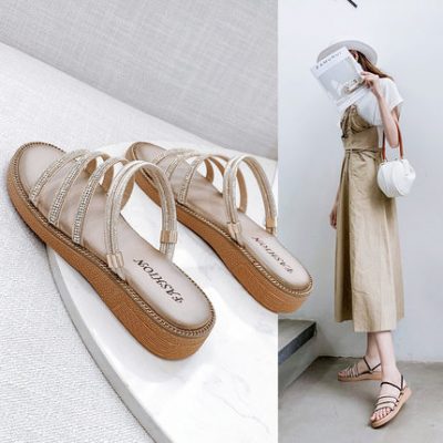 Dép nữ cổ tích nữ mùa hè 2019 mới hoang dã học sinh hai mang dép đế bằng kim sa