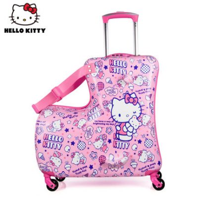 Trường hợp xe đẩy trẻ em Hellokitty có thể được gắn trên vali phim hoạt hình bánh xe phổ quát cô gái cưỡi vali 20 inch