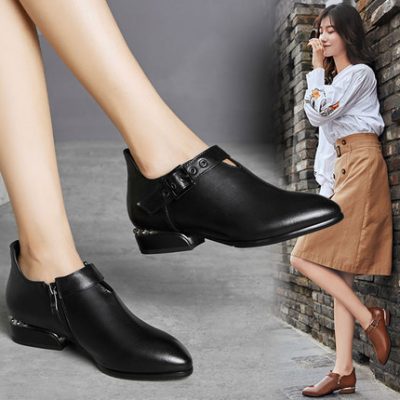 2019 xuân hè mới retro Giày gió nữ của Anh Giày da mũi nhọn nữ dày có miệng sâu đôi giày nữ nhỏ