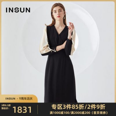 Shadows Enshang 2019 Thu mới Màu sắc phù hợp với đèn lồng dài tay Eo thon dài Đầm cổ dài xẻ cổ chữ V
