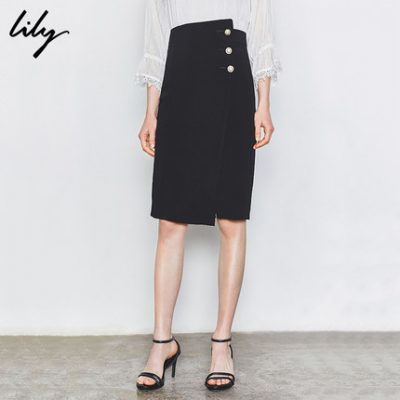 Lily2019 mùa thu đông mới ngọc trai bất đối xứng khóa đen mỏng thẳng váy phù hợp với váy váy