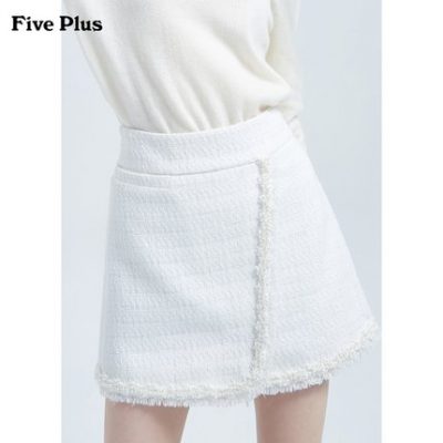 Five Plus2019 mới mùa đông nữ eo cao váy tweed nữ Một từ váy giả ngọc trai váy