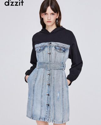 Dzzit 地 2019 quầy mùa đông mới thắt lưng trùm đầu khâu váy denim nữ 3G4O8021R