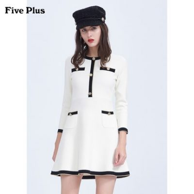 Five Plus2019 váy nữ mùa đông mới phong cách nước hoa Pháp váy nữ eo cao đan váy tương phản màu sắc