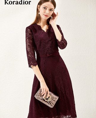 Koradior / 珂莱蒂尔 品牌 2019 mùa thu mới đầm đỏ ren Pháp