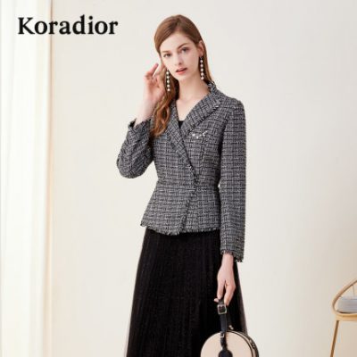 Colletir 2019 Phụ nữ Thu và Đông Mới Fake Two Tweed Slim Slim Lưới nối lưới