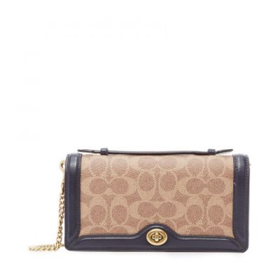 COACH / Coach 19 mùa thu và mùa đông màu xanh đậm chiến đấu kaki LOGO thư kim loại khóa chuỗi ví túi đeo vai