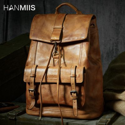 HANMIIS mới đầu lớp da bò công suất lớn ba lô túi du lịch đầy đủ da nam ba lô túi đi học
