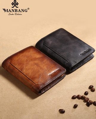 Manbang 2019 mới ví nam retro chống trộm bàn chải siêu mỏng lớp da bò ngắn ví nam