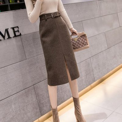 Váy nữ mùa thu đông hoang dã mới một từ váy eo cao bước dài trong phần dài xẻ dày váy len đen