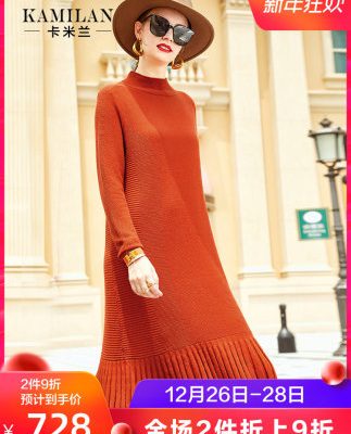Camilla 100% len dệt kim nữ 2019 thu đông mới váy mới là áo len mỏng tay dài chạm đáy váy