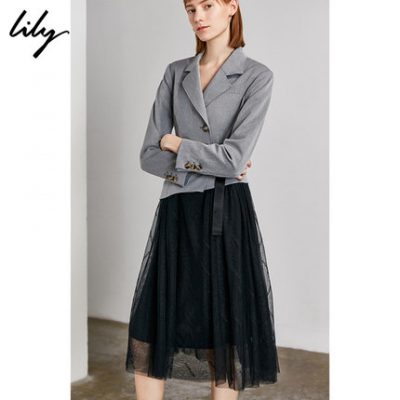 Lily2019 mùa đông mới của phụ nữ du lịch nối lưới bằng sợi thêu chữ cao eo thon váy 7907