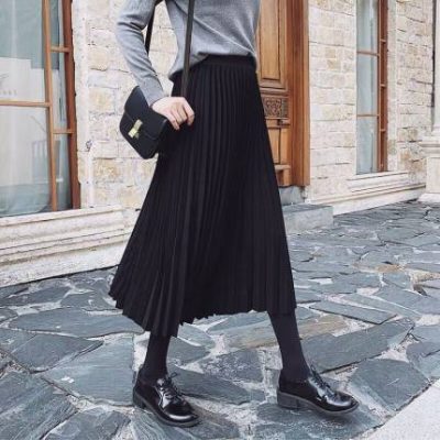 Váy xếp li mùa thu và mùa đông nữ Hàn Quốc retro dài màu đen eo cao thanh lịch khí chất là váy a-line mỏng
