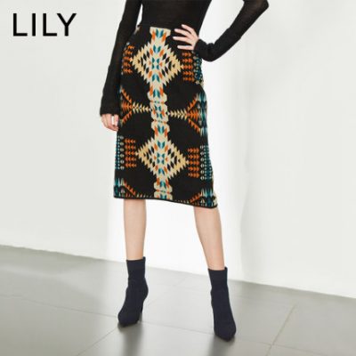 LILY2019 Mùa đông Phụ nữ mới Tính khí tương phản Hình học Túi eo cao Hip Straight Váy len dài 6104