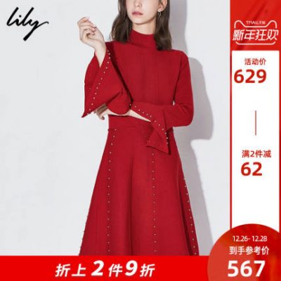 Pre-sale Lily2019 mùa đông mới của phụ nữ khí chất đỏ cao eo thon dáng dài dệt kim tay dài 7904