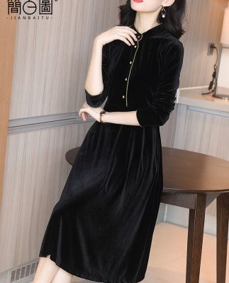 Váy nhung vàng đen nữ tay dài 2019 thu đông mới eo phong cách nước ngoài là khí chất mỏng trong váy dài
