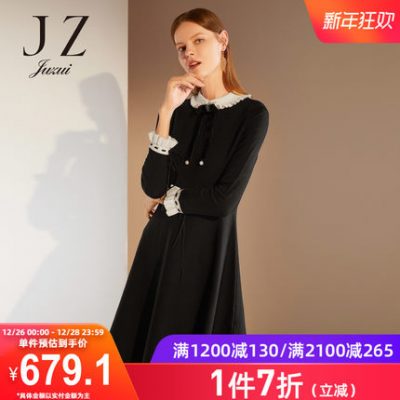 Zhanzi 2019 Winter New Wool Blend Tương phản Lace Pearl Bright Diamond Sweater Dress Medium Long Đan Dress