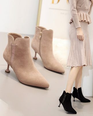 Giày kaki nữ ngắn 2019 mới Martin cao gót đế xuồng mùa thu và mùa đông chống lông nữ nude giày đỏ mắt cá chân ngắn