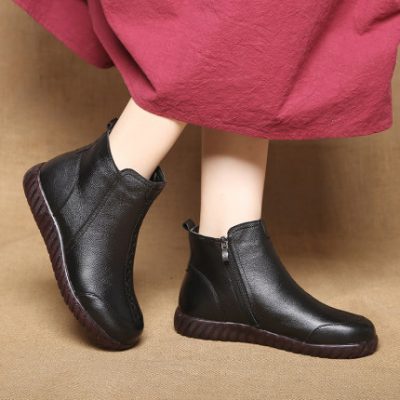 Giày mùa đông cho mẹ bằng da cotton ấm áp Giày da nhung Giày bốt ngắn nữ trung niên và người cao tuổi đế bằng không trơn