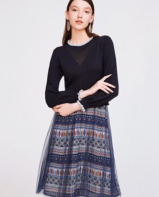 Yinger Poem Women Autumn 2019 Mới Hai Fake Hai Lantern Lantern Lưới In đầm