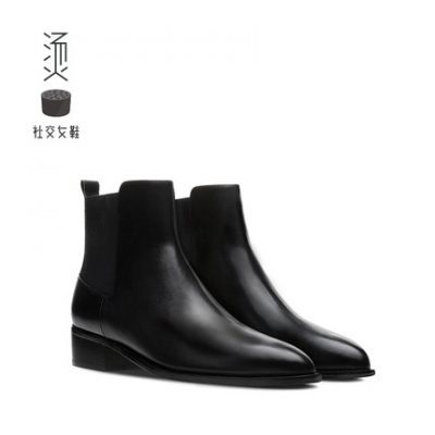 Giày nữ nóng Thời trang đen Da bê Phong cách tiếng Anh Đàn hồi ban nhạc Flat Boots Chelsea Booties