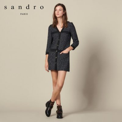 Sandro2019 mùa thu và mùa đông phụ nữ mới kiểm tra nút retro kiểm tra nước hoa nhỏ kiểu váy SFPRO00682
