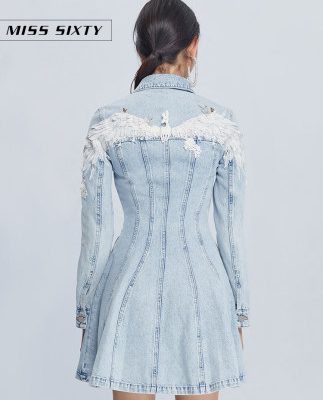 Hoa hậu Sixty2020 mùa xuân thiên thần mới đính cườm thêu váy ngắn tay dài denim váy nữ