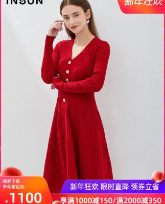 Yinger Enshang 2019 Winter New French Đan Slim Eo Slim Sheep Red A-line Đầm cổ chữ V