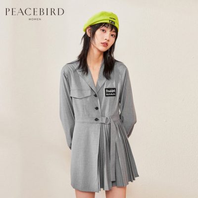 Đầm dự tiệc màu xám cổ điển cho phụ nữ mùa thu 2019 mùa thu mới dài tay thắt lưng khí chất váy xếp li nữ