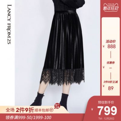 Langzi 2019 thu đông và thời trang nữ ren khâu cutout eo eo cao nhung xếp li giữa váy dài