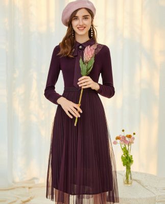 Colletir 2019 nữ mùa thu mới dài tay lưới khâu cổ áo bướm cổ dài đầm ren