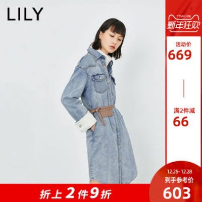 LILY2019 mùa đông mới của phụ nữ lông cừu khâu eo lỏng là chiếc váy denim dài tay mỏng 7202