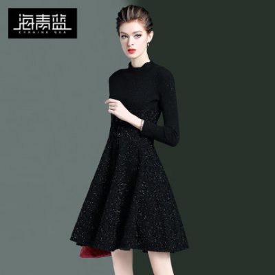 Váy dệt kim màu xanh thu đông 2018 eo mới 2019 mỏng manh và thanh lịch, váy lụa đen sáng 21840