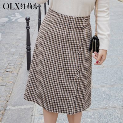 Xianli show 2019 mùa đông mới kích thước lớn của phụ nữ béo mm nghệ thuật retro kẻ sọc túi khóa eo cao váy
