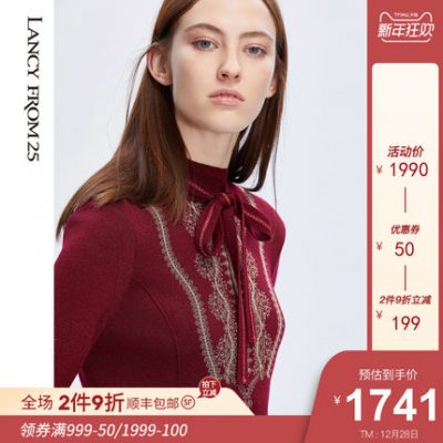 Quần áo nữ Langzi 2019 mới mùa thu và mùa đông Châu Âu retro thanh lịch eo cao cổ tròn len dệt kim sáng lụa