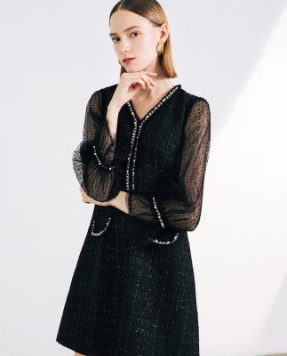 Yinger Poem Winter Women 2019 Mới Little thơm thơm Lantern Lantern Ren Tweed Dress