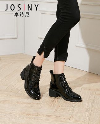 Joshney ren-up Martin bốt nữ 2019 giày mới nữ kỵ sĩ giày cao gót đế xuồng cao gót dày thời trang bốt ngắn