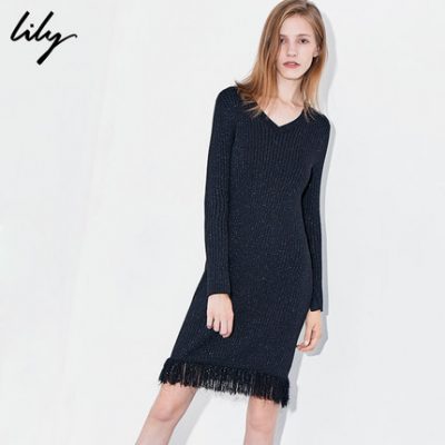 Lily2019 Winter New Fringe Hem Slim V-cổ dài tay áo dài đan mỏng 7901