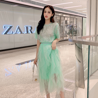 2019 net đỏ Pháp Hepburn phù hợp với váy fluffy tinh nghịch váy chic chic cổ tích váy sequin tay áo ngắn váy