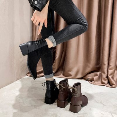 Giày cao cổ nữ chính hãng Martin boot nữ 2019 thu đông mới Phong cách Anh mỏng và mỏng Giày lưới màu đỏ hoang dã dày gót vuông