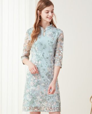 Colletil ren sườn xám đầm 2019 mùa thu khí mới thêu hoa eo thon là váy mỏng