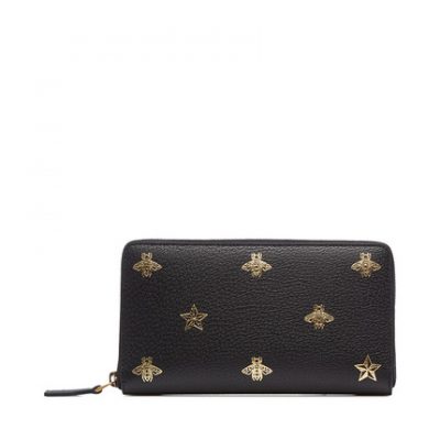 GUCCI Da đen đóng dấu mẫu ong hoang dã ví nam dài