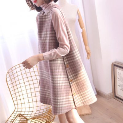 Váy vest kẻ sọc hai mặt lông cừu giữa chiều dài của phụ nữ không tay đầm mùa thu đông