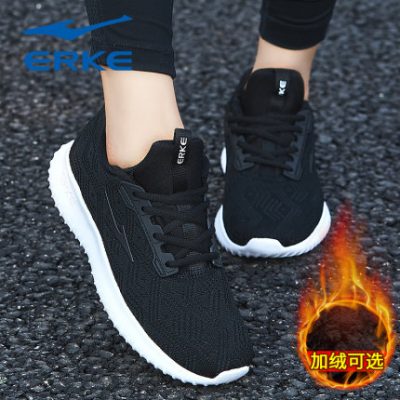 Giày nữ Hongxing Erke mùa thu đông 2019 Giày thể thao màu đen mới dành cho nữ cộng với giày nhung ấm áp, chạy nhẹ